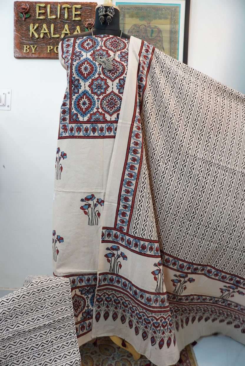 Ivory cotton Ajrakh handblock 3 piece suit set with all-over red, blue and black pattern and border