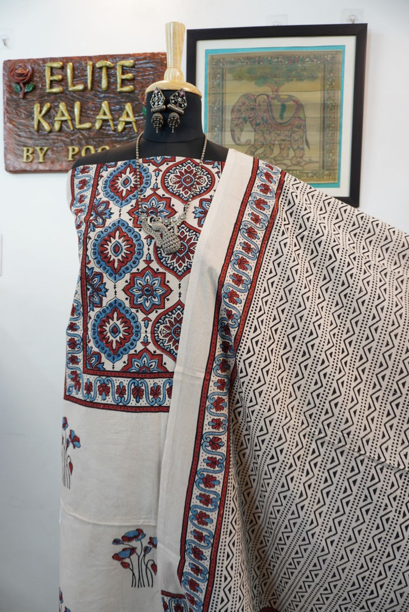 Ivory cotton Ajrakh handblock 3 piece suit set with all-over red, blue and black pattern and border