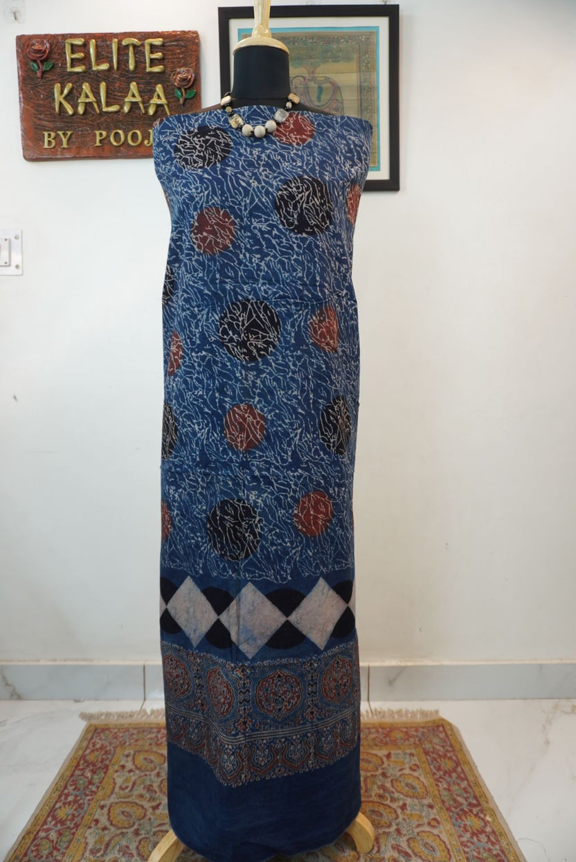 Cotton Arakh hadblock indigo kurti fabric with black, red and white accents and border