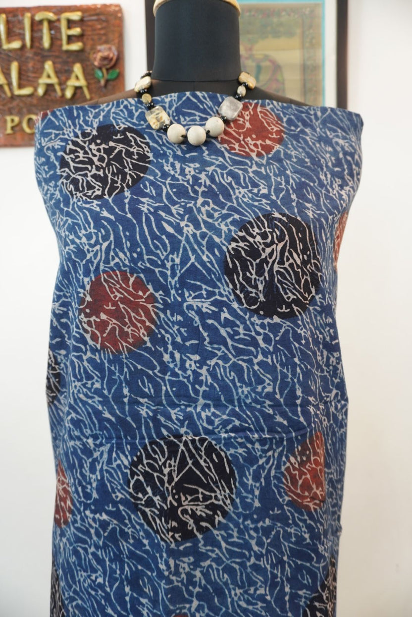 Cotton Arakh hadblock indigo kurti fabric with black, red and white accents and border