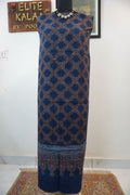 Cotton indigo kurti fabric with all-over Arakh hadblock design in blue, maroon and white