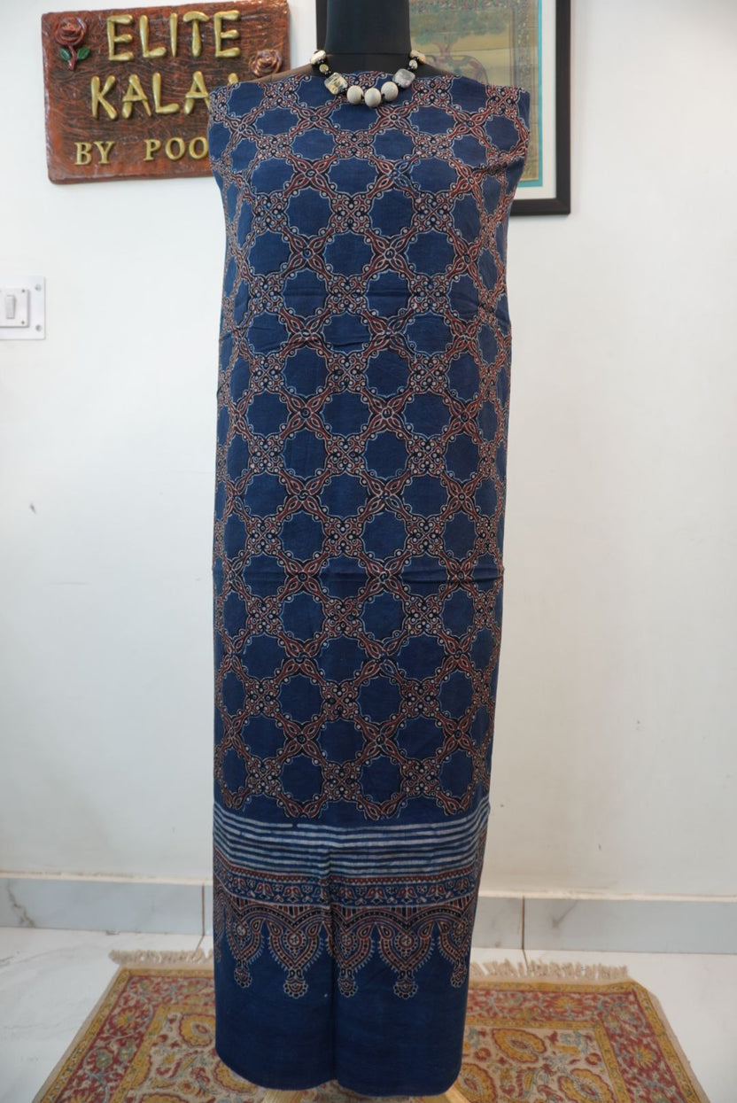 Cotton indigo kurti fabric with all-over Arakh hadblock design in blue, maroon and white