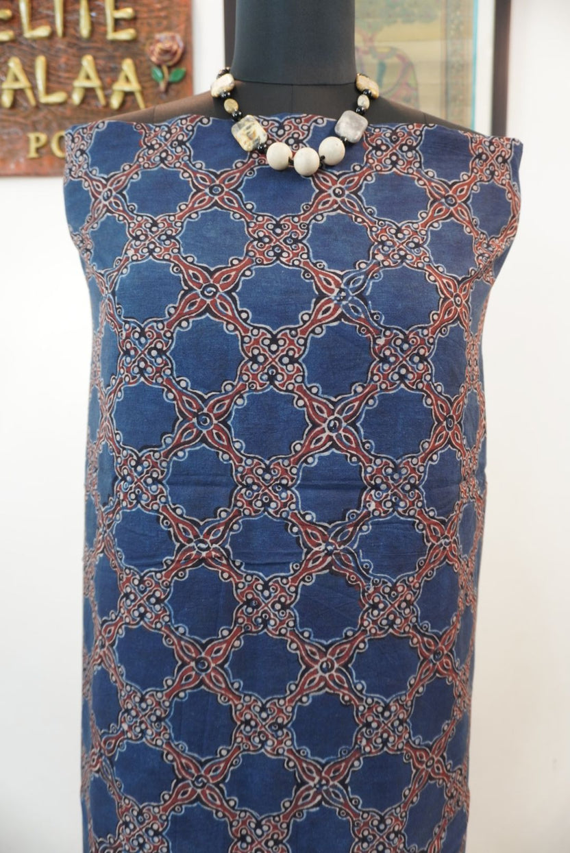 Cotton indigo kurti fabric with all-over Arakh hadblock design in blue, maroon and white