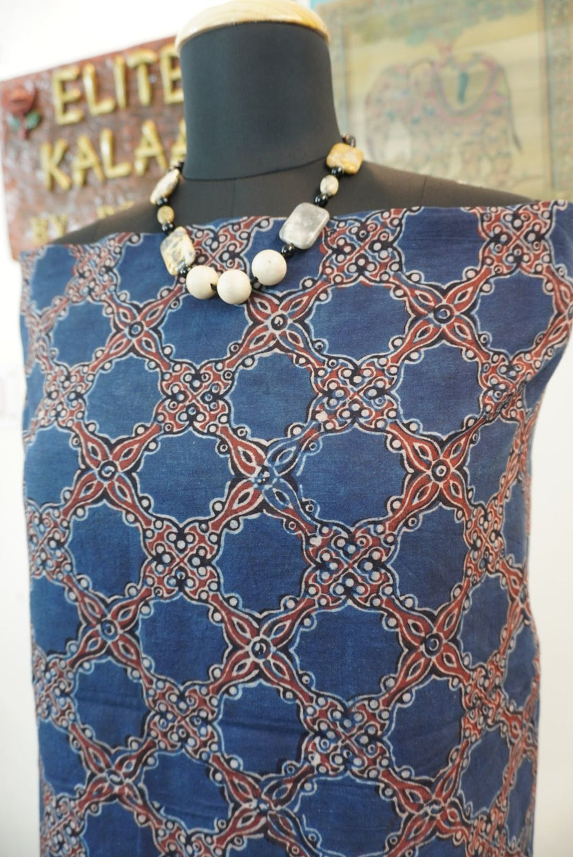 Cotton indigo kurti fabric with all-over Arakh hadblock design in blue, maroon and white