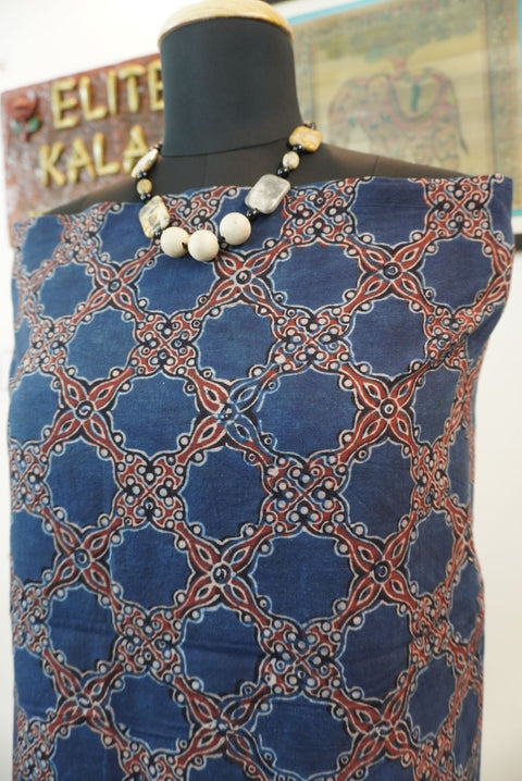Cotton indigo kurti fabric with all-over Arakh hadblock design in blue, maroon and white