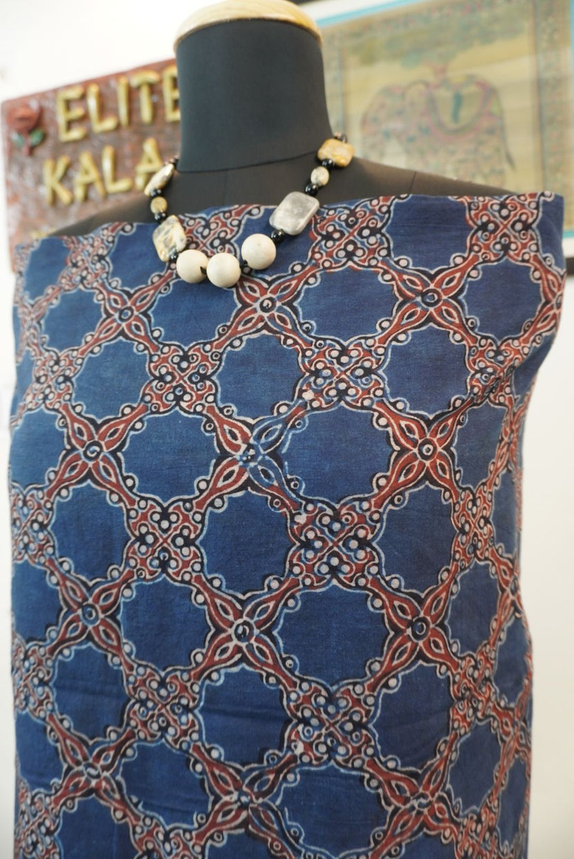 Cotton indigo kurti fabric with all-over Arakh hadblock design in blue, maroon and white