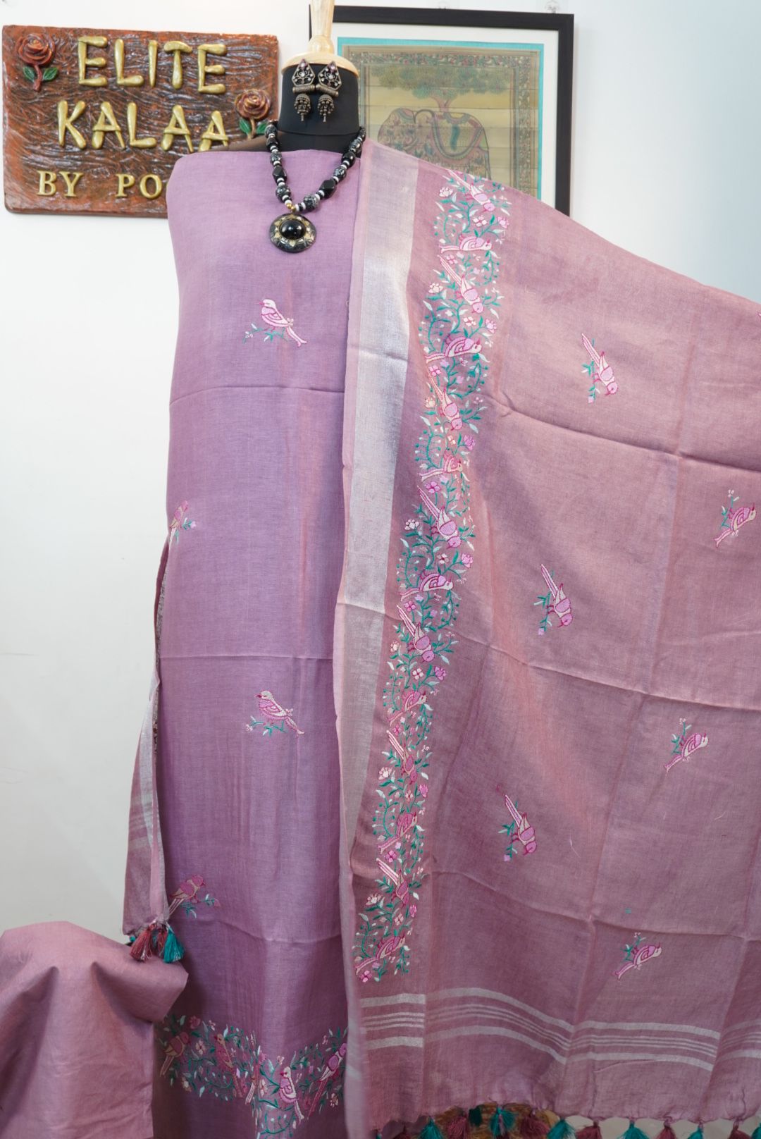 Cotton handblock 3 piece suit with neck and lace work - beige