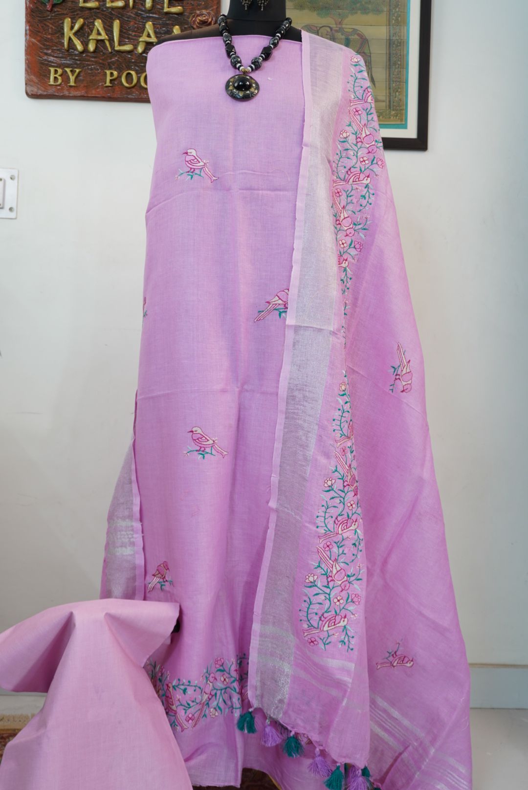 Cotton handblock 3 piece suit with neck and lace work - beige