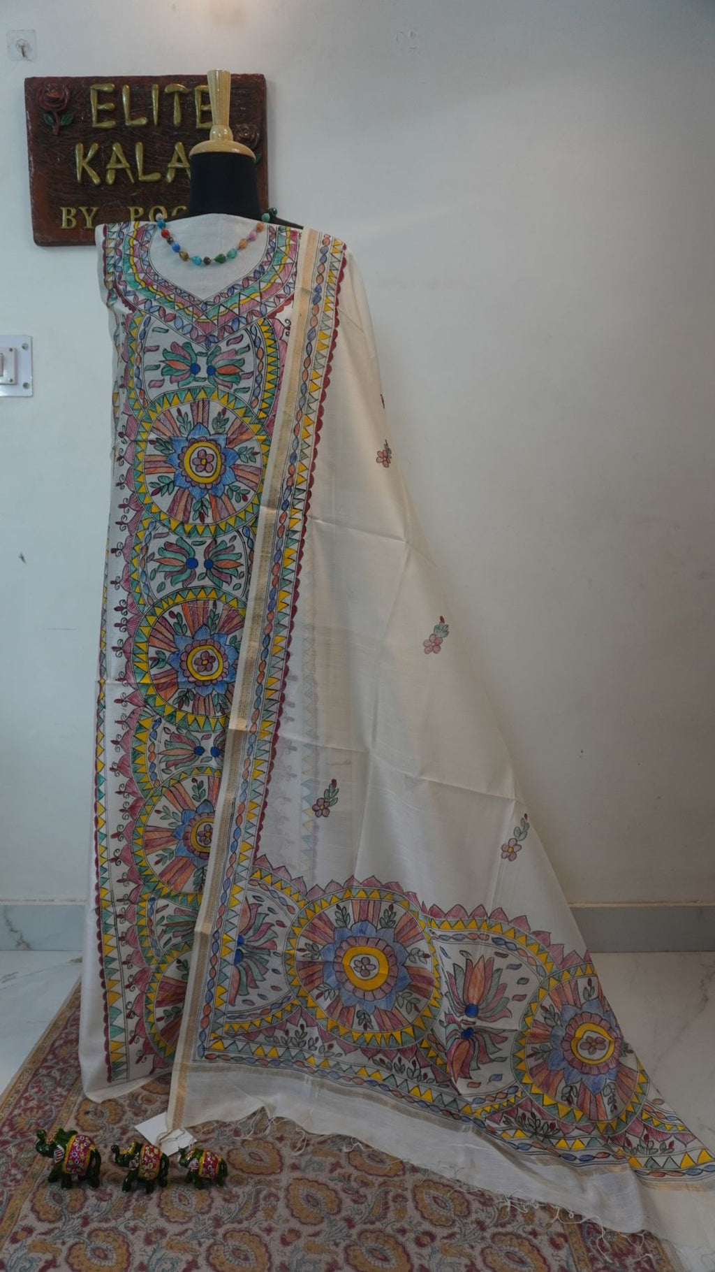 Off white Maheshwari Madhubani 2 piece suit set with placement pattern and border detail