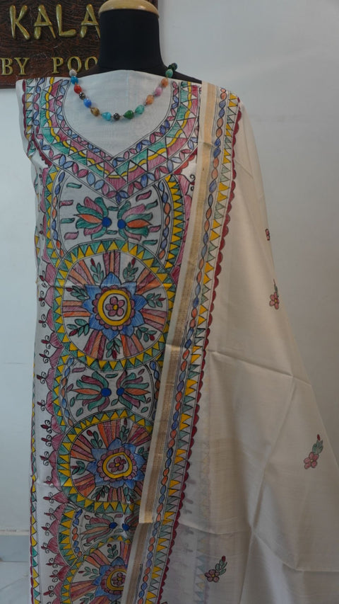 Off white Maheshwari Madhubani 2 piece suit set with placement pattern and border detail