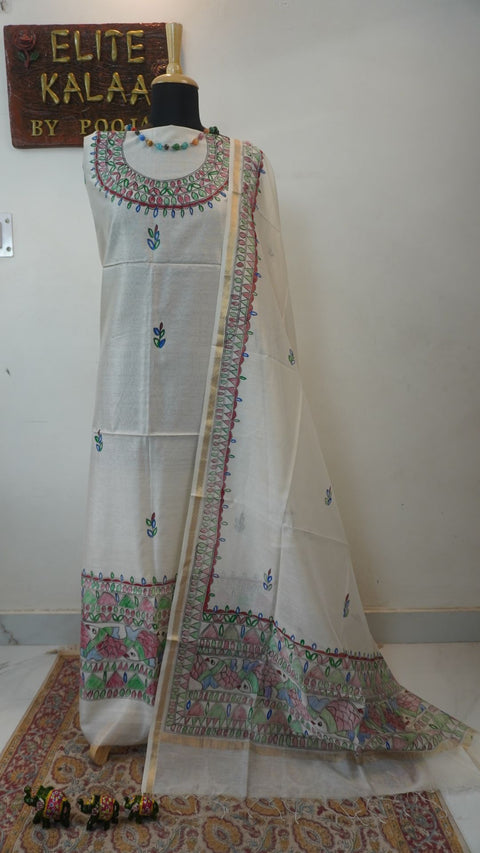 Off white Maheshwari Madhubani 2 piece dress material with placement pattern and border