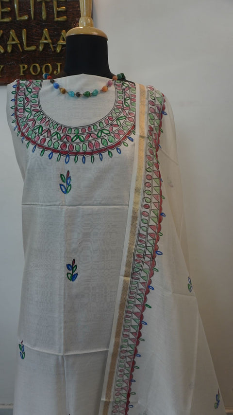 Off white Maheshwari Madhubani 2 piece dress material with placement pattern and border