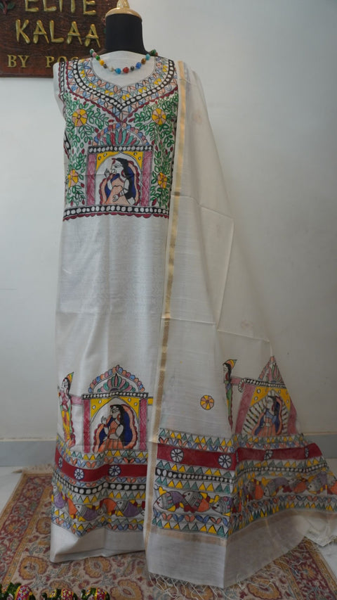 Off white Maheshwari Madhubai 2 piece suit with figurative pattern and border detail