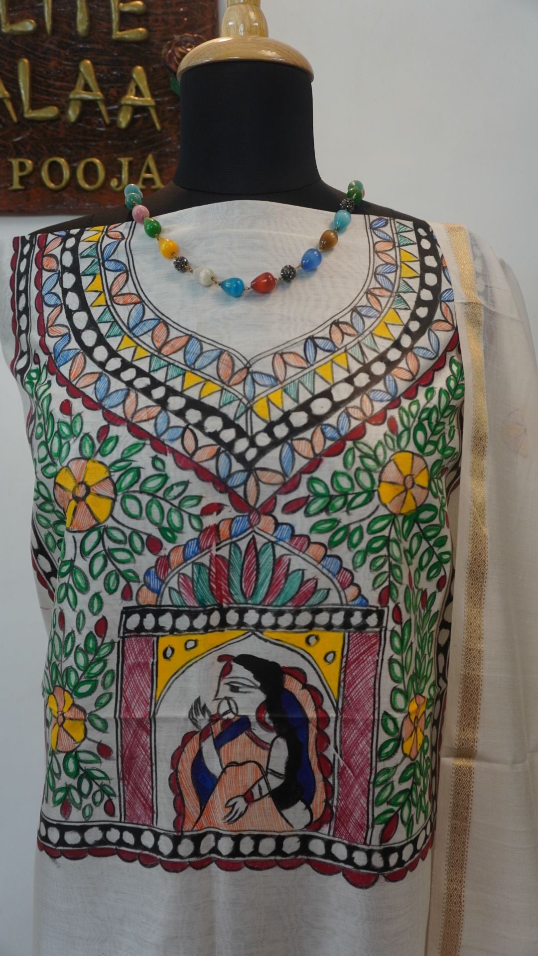 Off white Maheshwari Madhubai 2 piece suit with figurative pattern and border detail