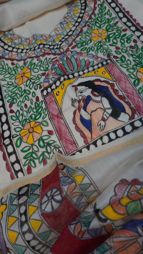 Off white Maheshwari Madhubai 2 piece suit with figurative pattern and border detail