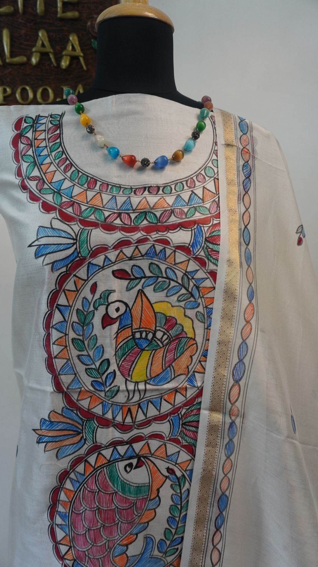 Off white Maheshwari Madhubani 2 piece suit set with placement pattern and border detail
