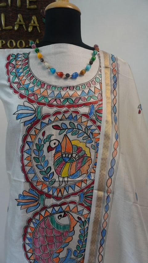 Off white Maheshwari Madhubani 2 piece suit set with placement pattern and border detail