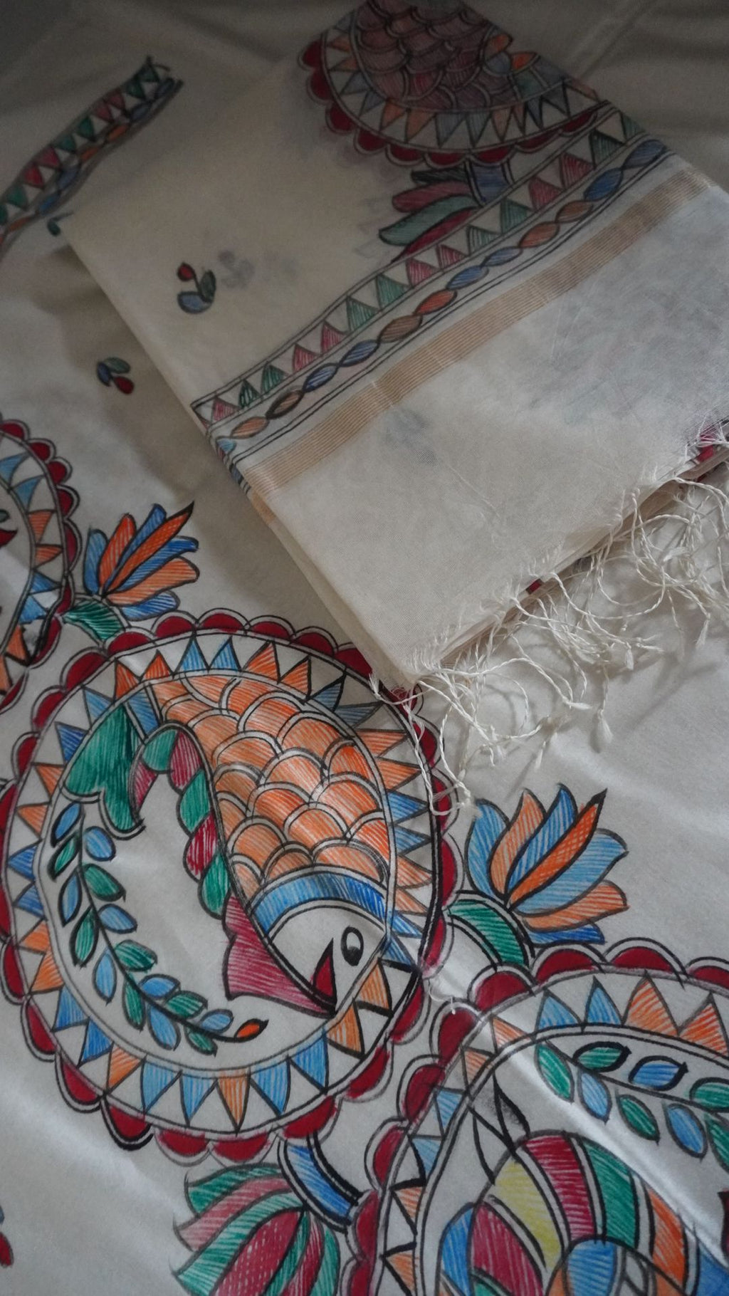 Off white Maheshwari Madhubani 2 piece suit set with placement pattern and border detail