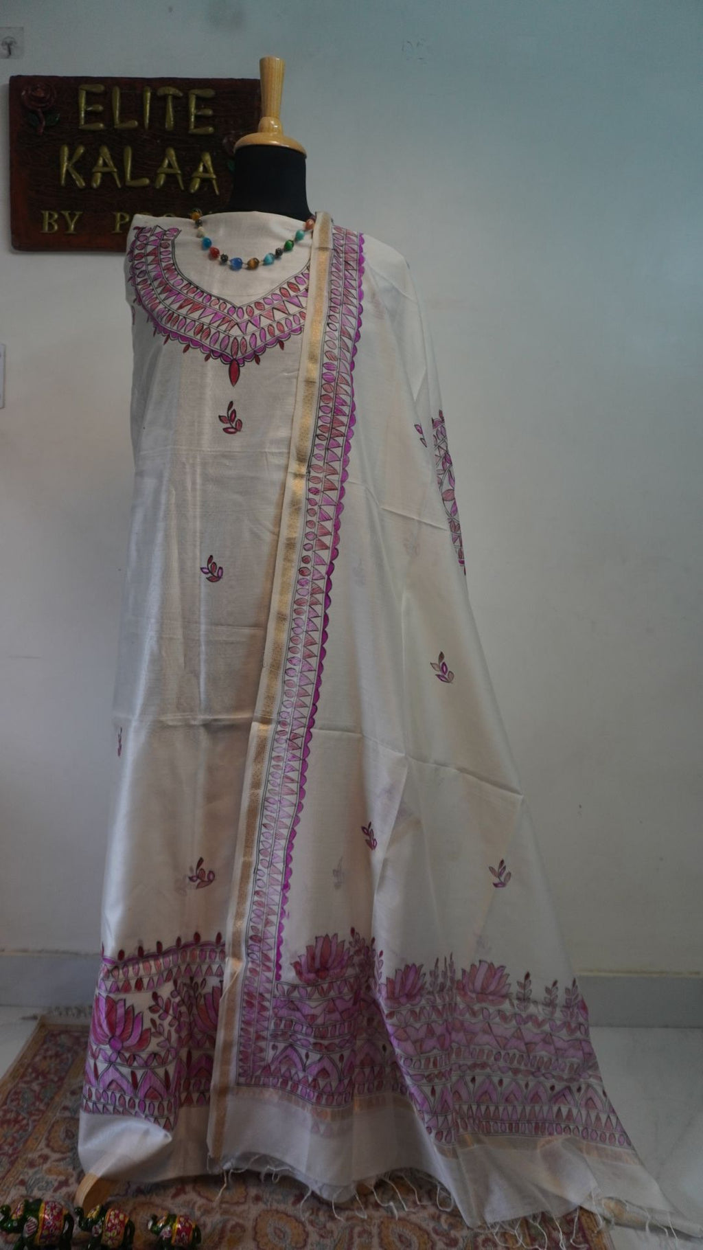 Off white Maheshwari Madhubani 2 piece dress material with border, fringe and tassels