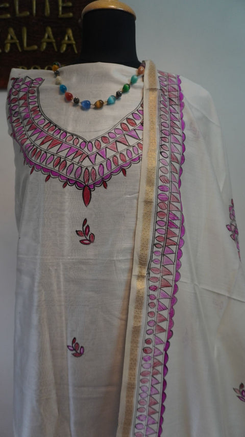 Off white Maheshwari Madhubani 2 piece dress material with border, fringe and tassels