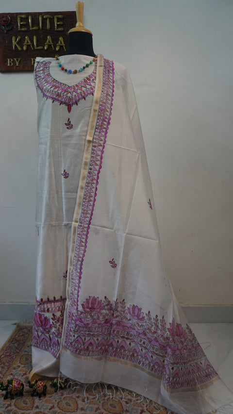 Off white Maheshwari Madhubani 2 piece dress material with border, fringe and tassels