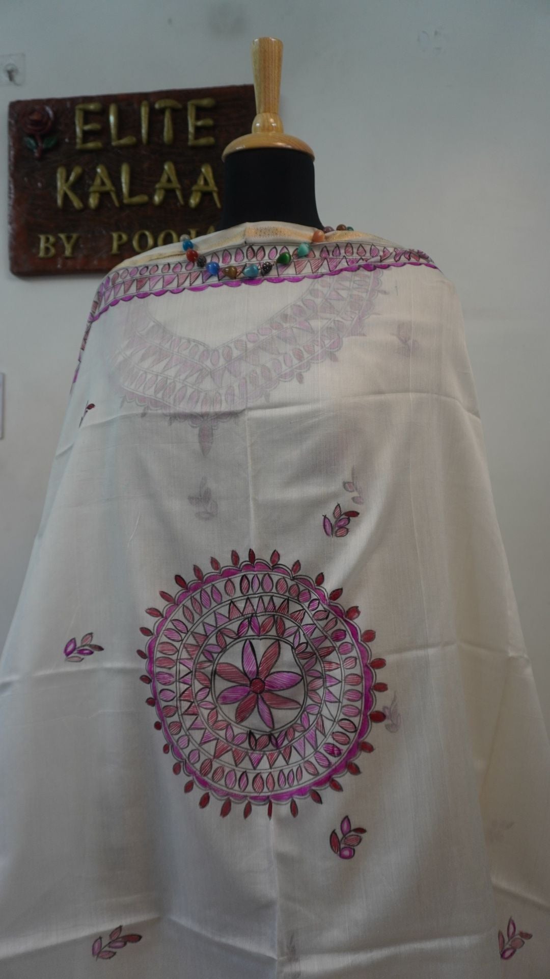 Off white Maheshwari Madhubani 2 piece dress material with border, fringe and tassels