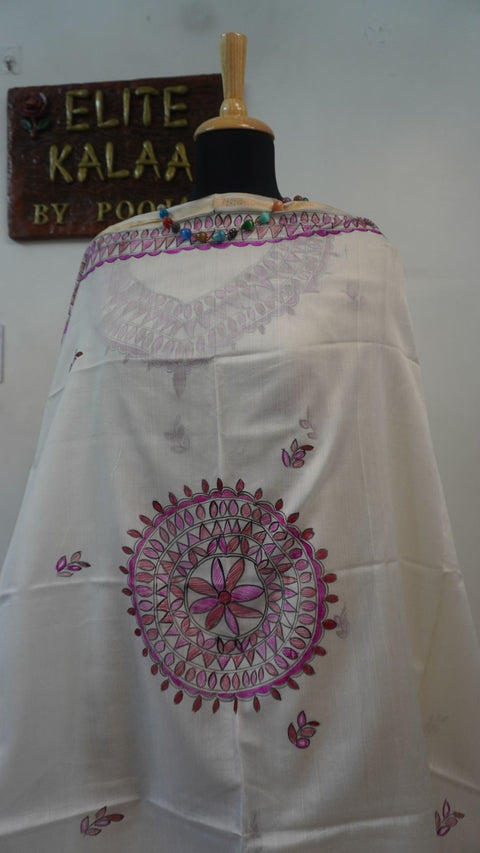 Off white Maheshwari Madhubani 2 piece dress material with border, fringe and tassels