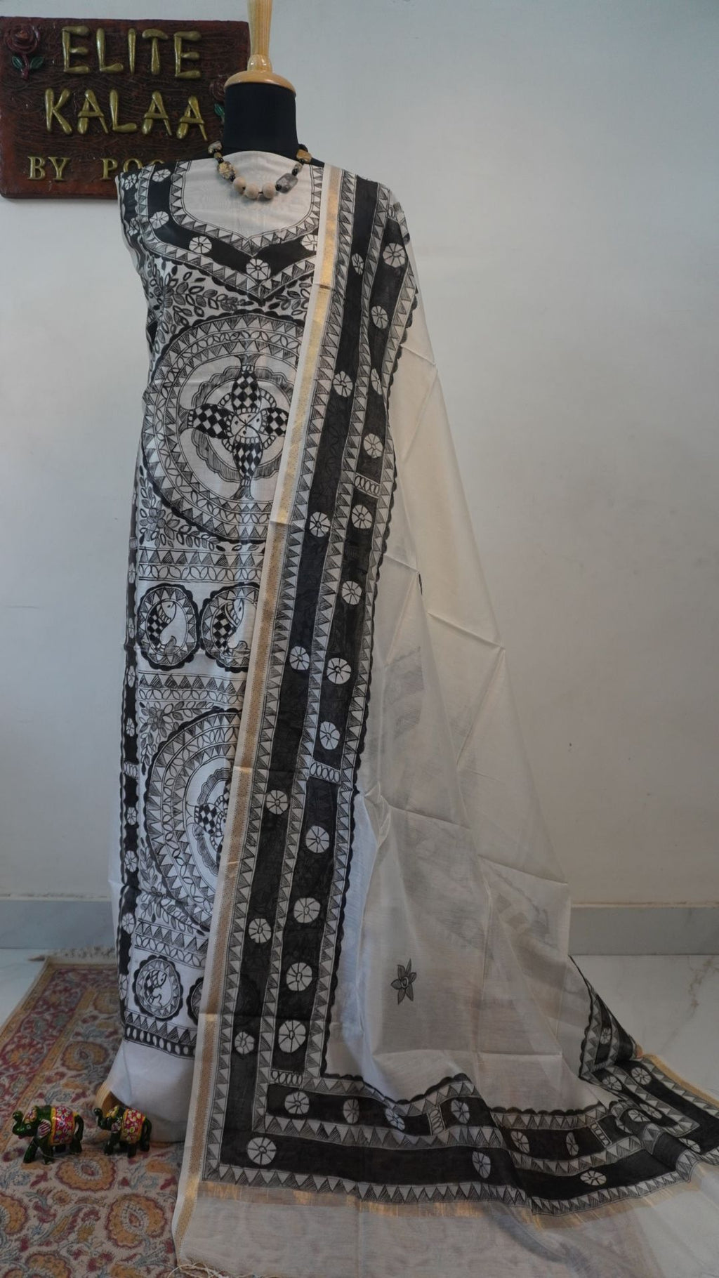 Off white Maheshwari Madhubani 2 piece dress material with placement pattern and border detail
