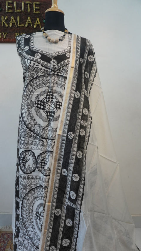 Off white Maheshwari Madhubani 2 piece dress material with placement pattern and border detail