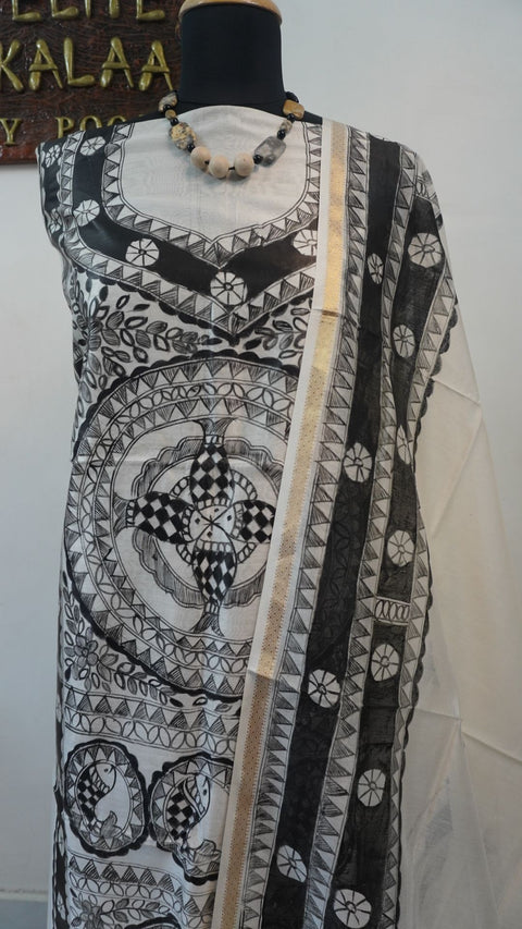 Off white Maheshwari Madhubani 2 piece dress material with placement pattern and border detail