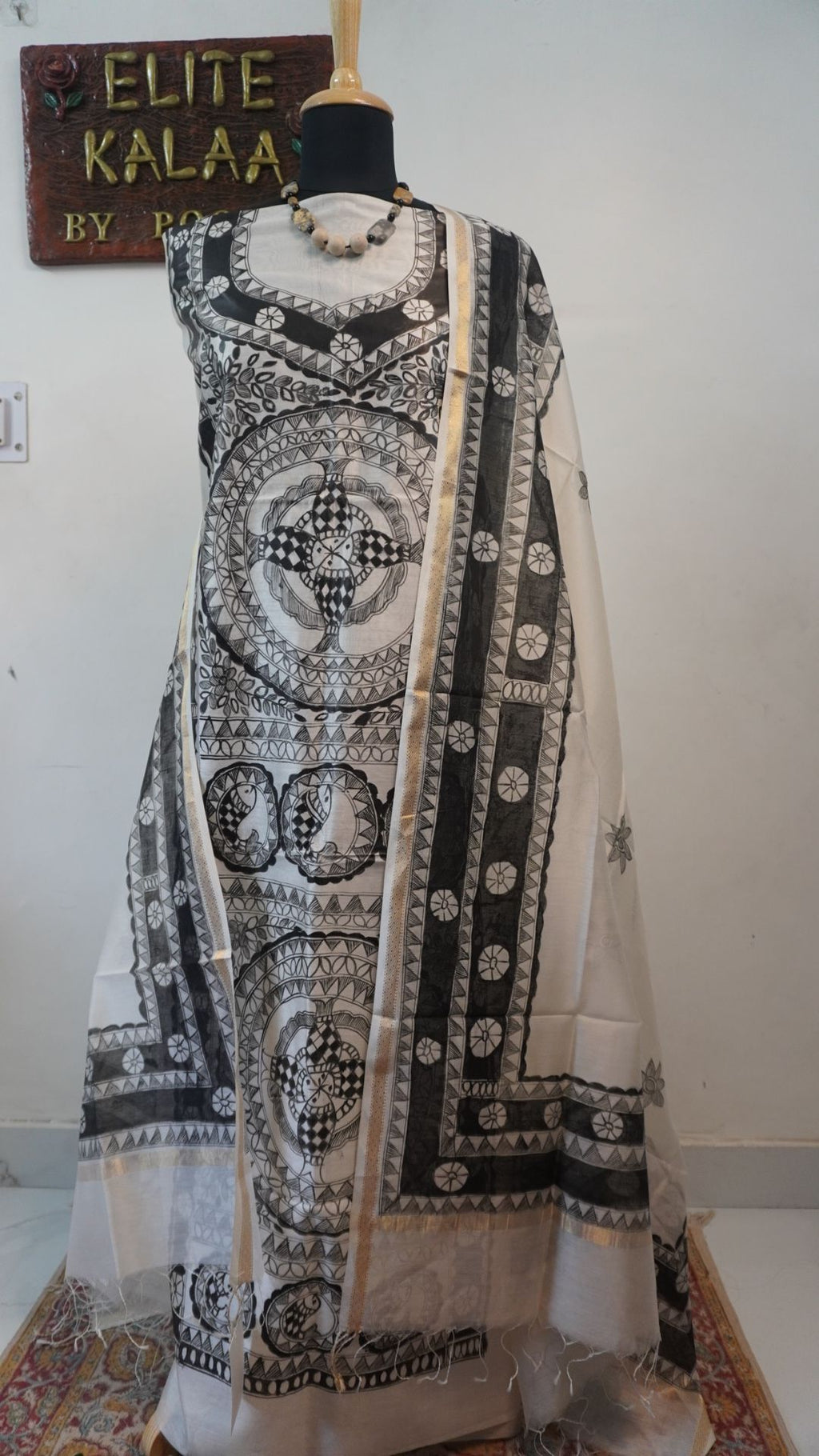 Off white Maheshwari Madhubani 2 piece dress material with placement pattern and border detail