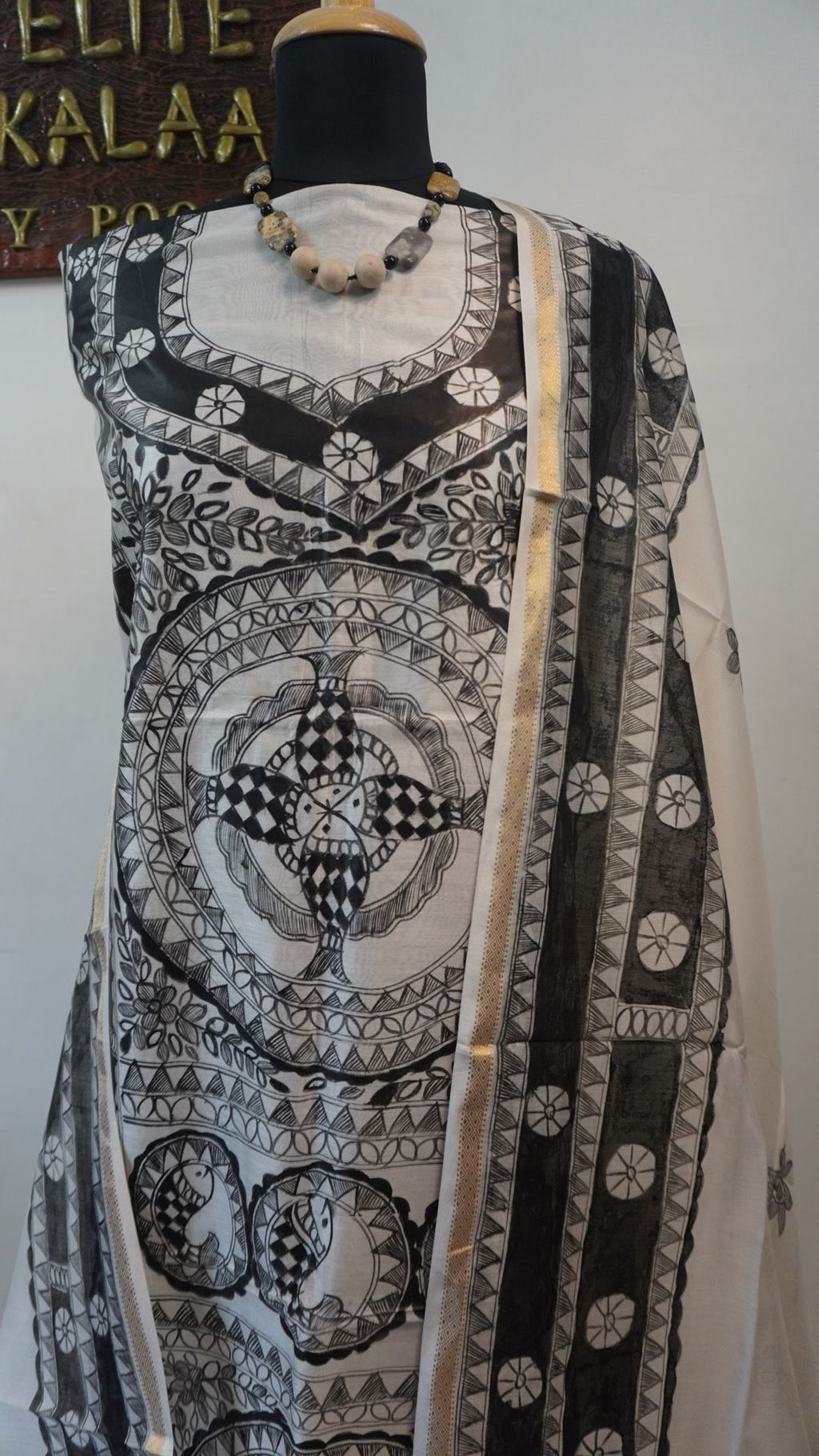 Off white Maheshwari Madhubani 2 piece dress material with placement pattern and border detail