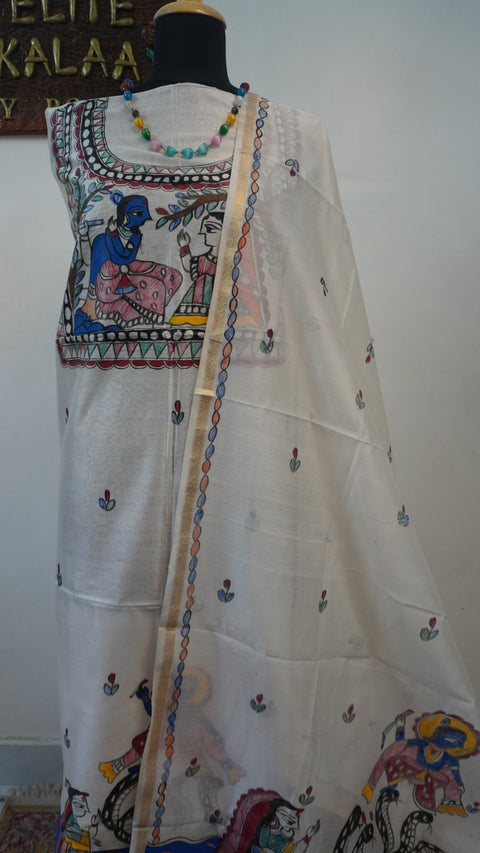 Off white Maheshwari Madhubani 2 piece suit set with figurative pattern, border and fringe detail.