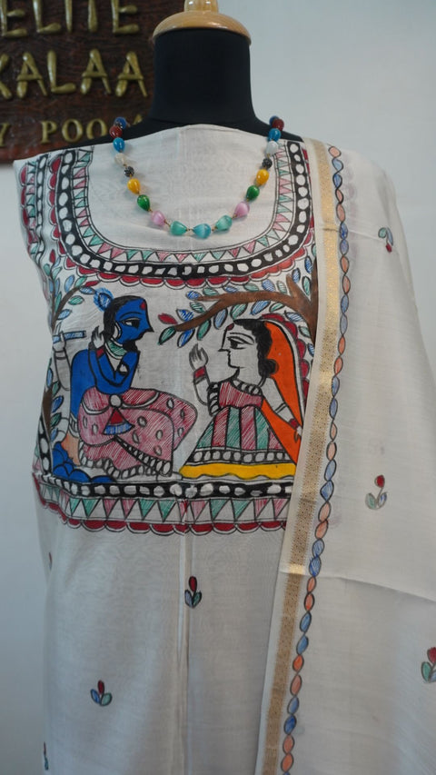 Off white Maheshwari Madhubani 2 piece suit set with figurative pattern, border and fringe detail.
