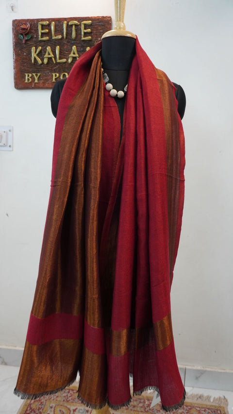 Red fine wool reversible stole with zari detailing and a border
