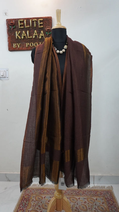 Brown fine wool reversible stole with zari and contrasting border detailing