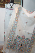 Blue dress material with Madhubani placement pattern and a visible border