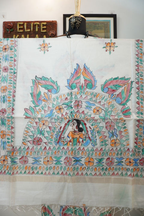 Blue dress material with Madhubani placement pattern and a visible border