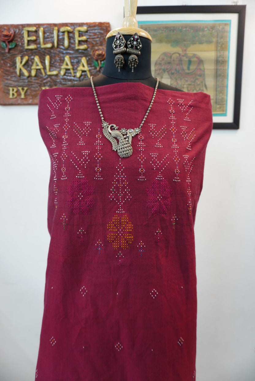 Maroon Tangaliya cotton kurti fabric with bird placement design and multicolor detailing