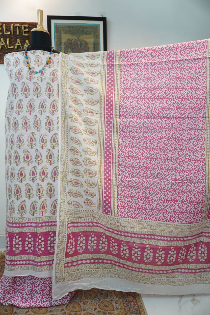 Pink cotton Bagh handblock 3 piece dress material with multicolor print and border