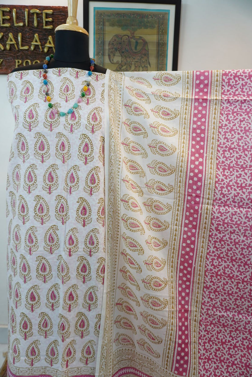 Pink cotton Bagh handblock 3 piece dress material with multicolor print and border