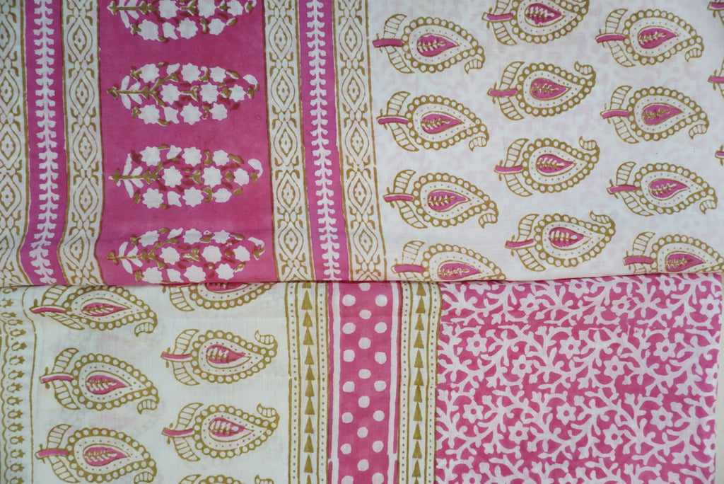 Pink cotton Bagh handblock 3 piece dress material with multicolor print and border
