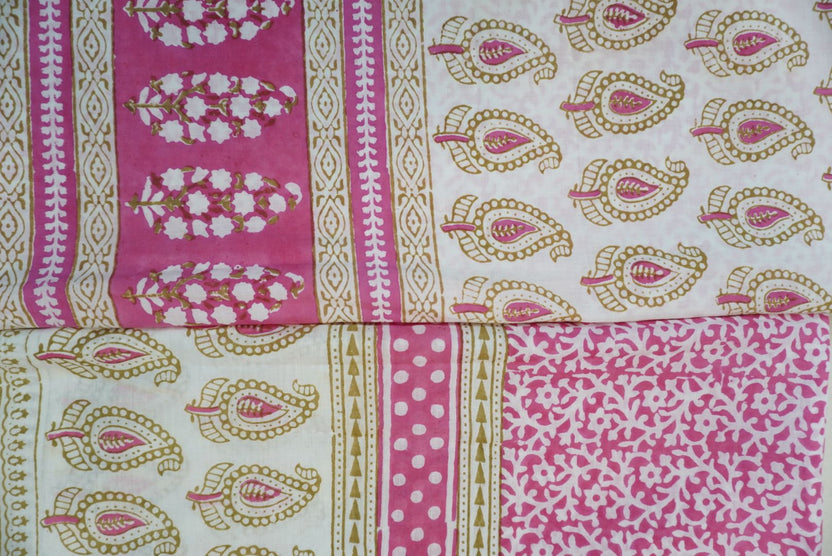 Pink cotton Bagh handblock 3 piece dress material with multicolor print and border
