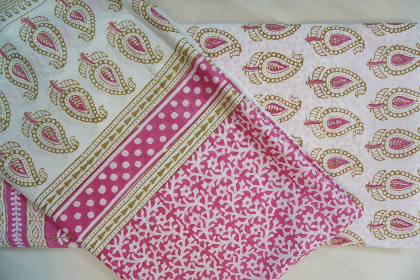 Pink cotton Bagh handblock 3 piece dress material with multicolor print and border