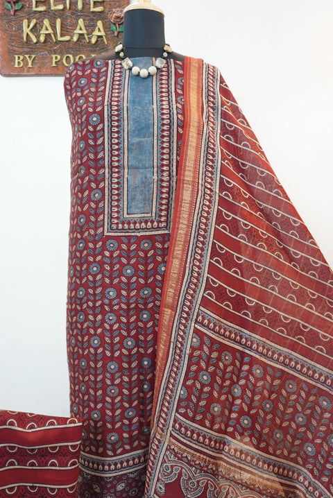 Red Maheshwari silk suit set with Ajrakh block print, border details and tassels, Design 3
