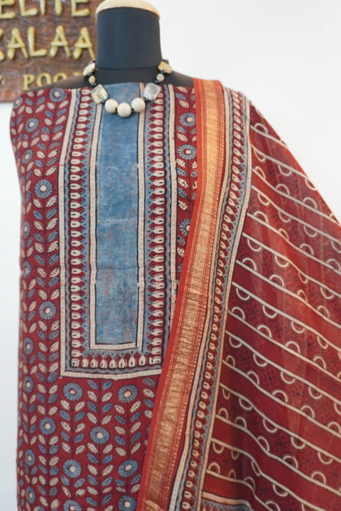 Red Maheshwari silk suit set with Ajrakh block print, border details and tassels, Design 3