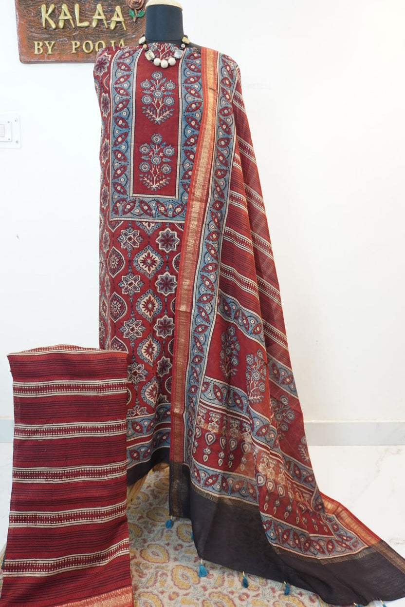 Red Maheshwari silk 3-piece unstitched suit set with Ajrakh block print and Design 2