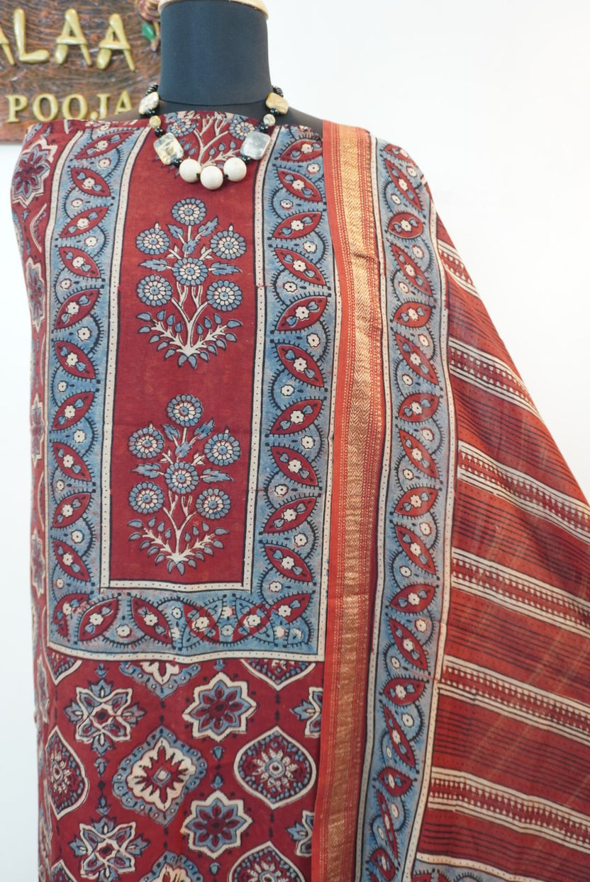 Red Maheshwari silk 3-piece unstitched suit set with Ajrakh block print and Design 2