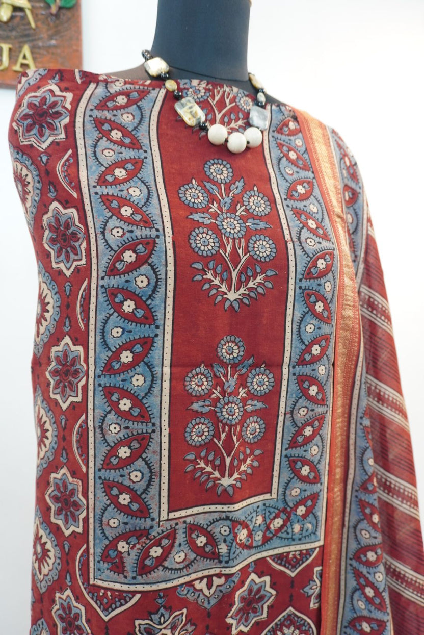 Red Maheshwari silk 3-piece unstitched suit set with Ajrakh block print and Design 2