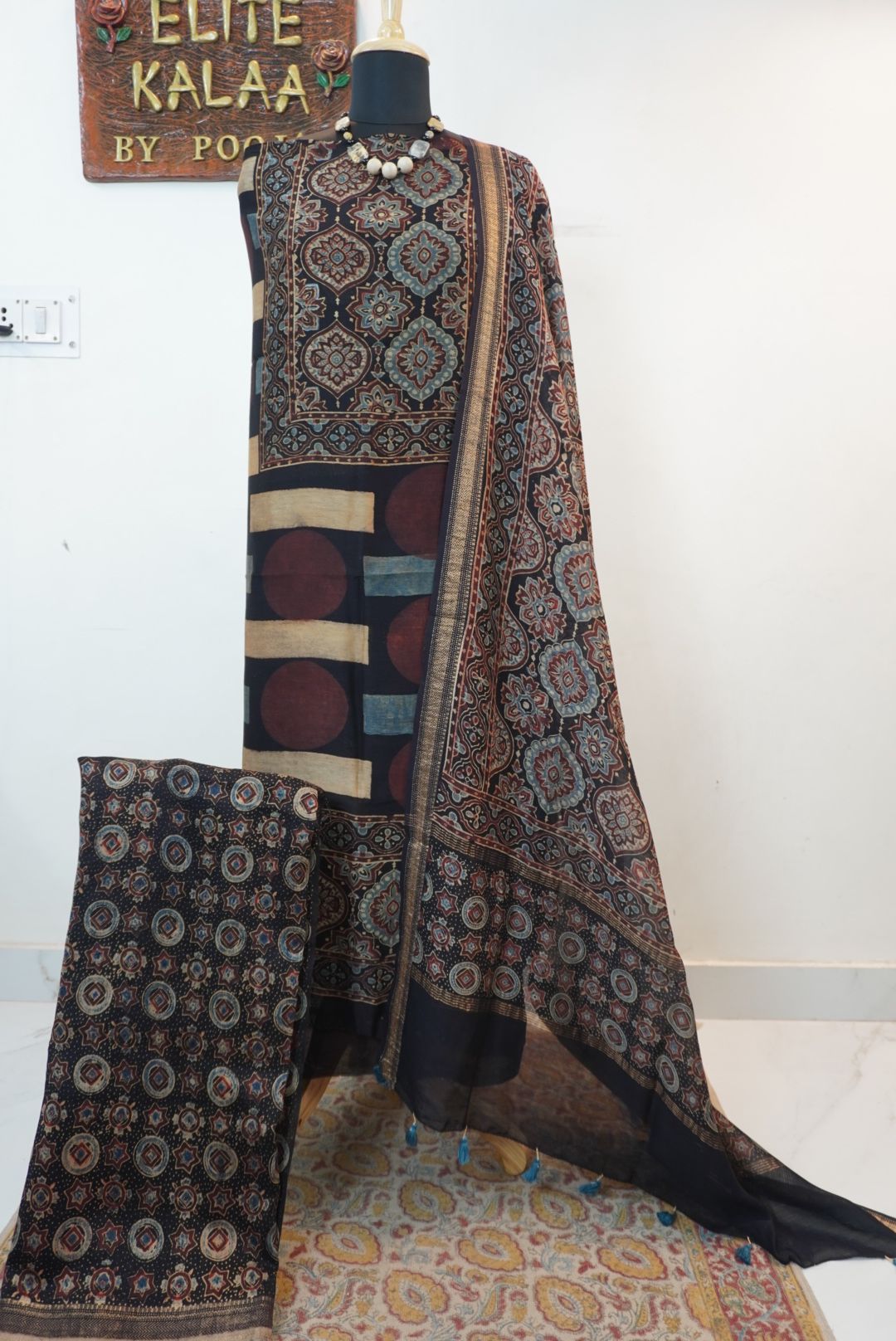 Black Maheshwari silk 3 piece Ajrakh block print suit set with border and tassels, Design 3